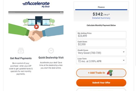 Screenshot of the Accelerate My Deal tool on Autotrader, with the words Start Your Offer, Build your personalized personalized payment with dealer financing and the latest specials