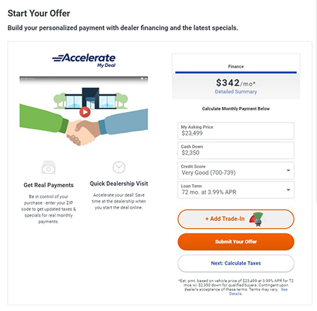 Screenshot of the Accelerate My Deal tool on Autotrader, with the words Start Your Offer, Build your personalized personalized payment with dealer financing and the latest specials