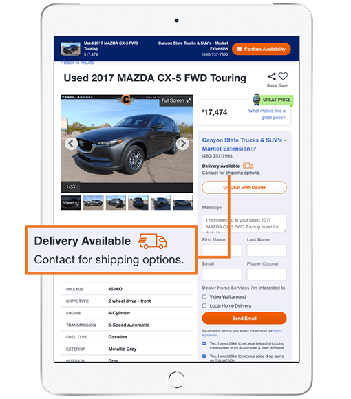 Autotrader VDP showing that vehicle delivery is available from this dealer