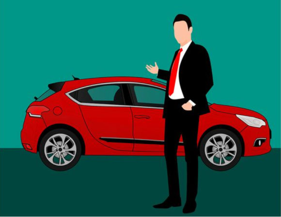 illustration of a dealership salesperson in front of a new car