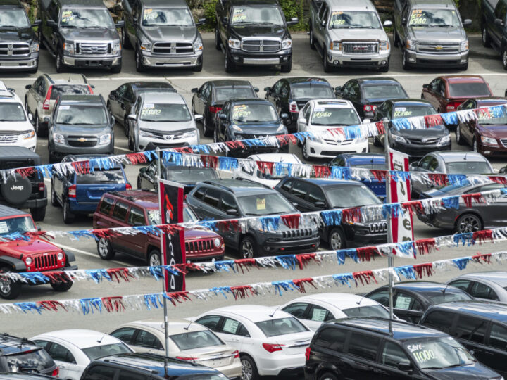 car dealership lot with flags