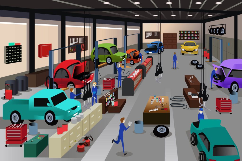 An illustration of a dealership service department